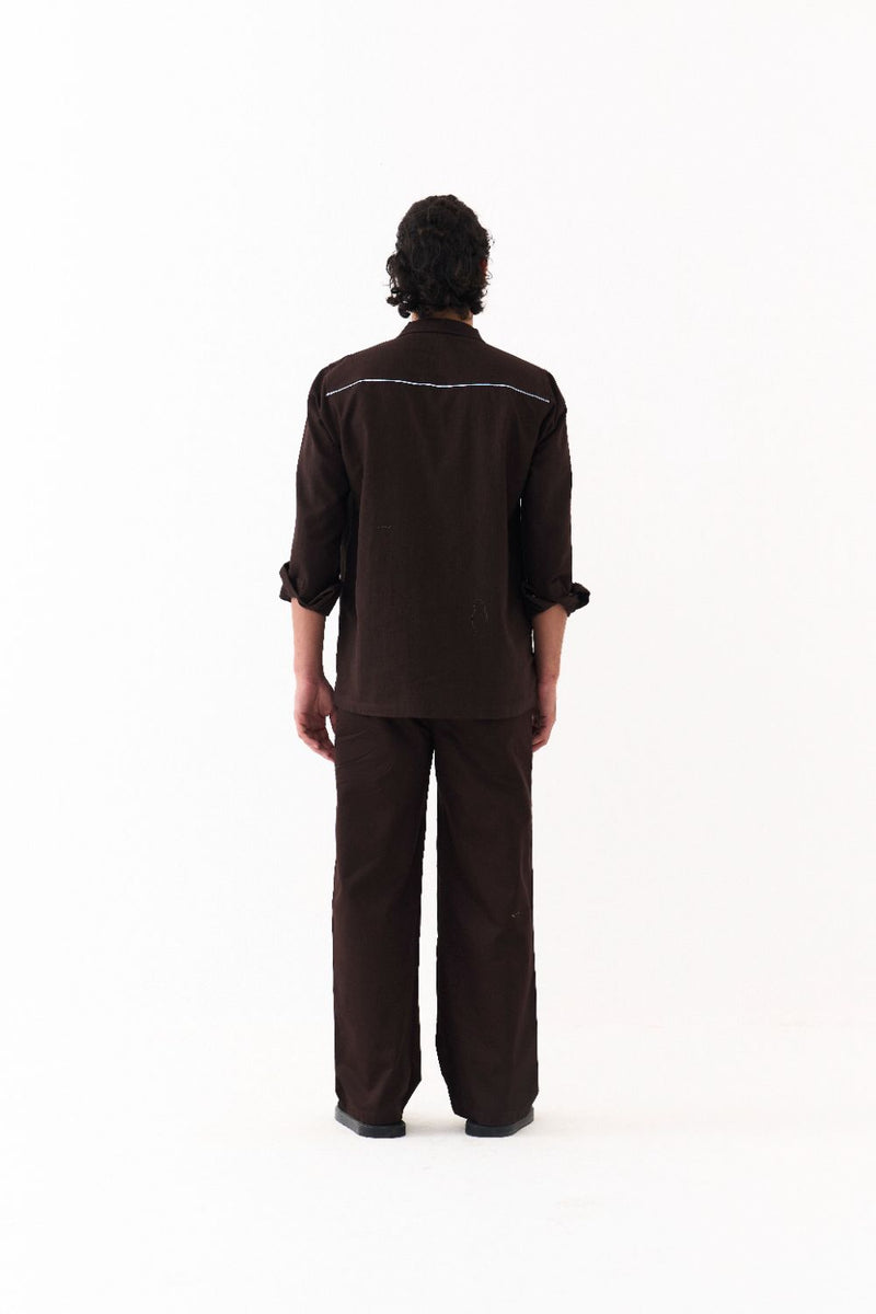 Emb. Patch Shacket - Dark Brown poplin by Three Men in brown color for men in Singapore