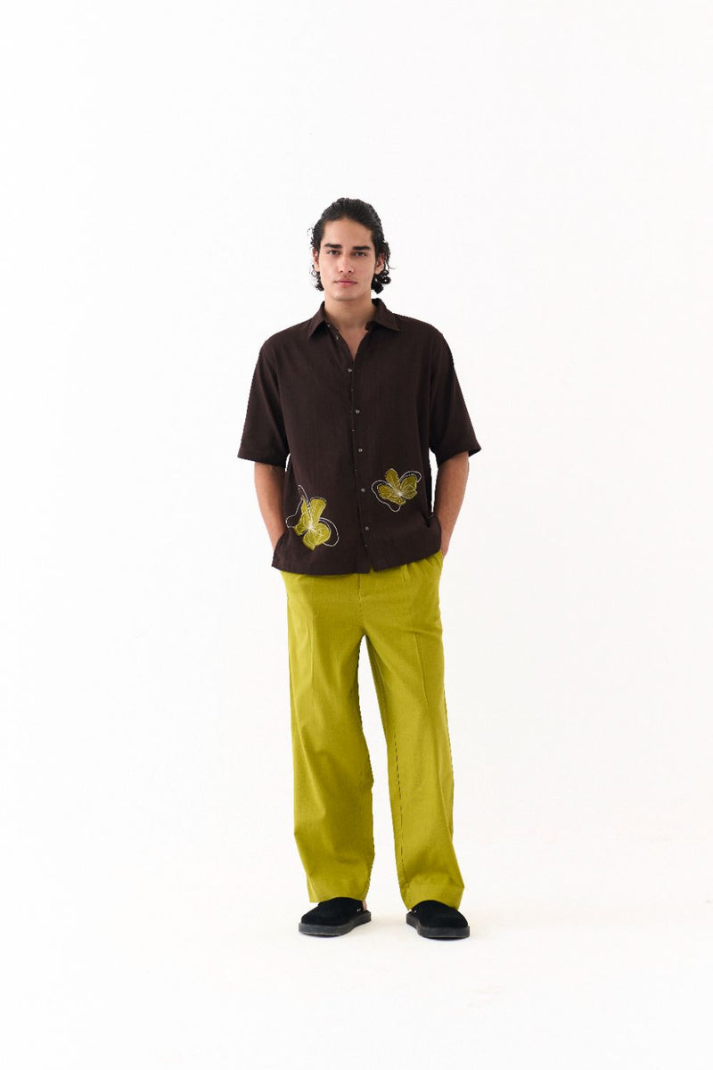 Floral Reverse Applique Shirt Co-Ord - Dark Brown poplin by Three Men in brown color for men in Singapore
