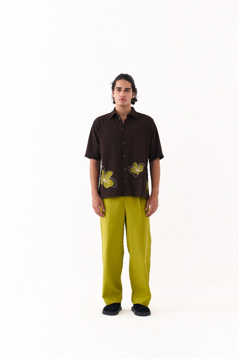 Floral Reverse Applique Shirt Co-Ord - Dark Brown poplin by Three Men in brown color for men in Singapore