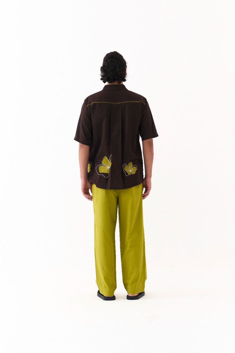 Floral Reverse Applique Shirt Co-Ord - Dark Brown poplin by Three Men in brown color for men in Singapore