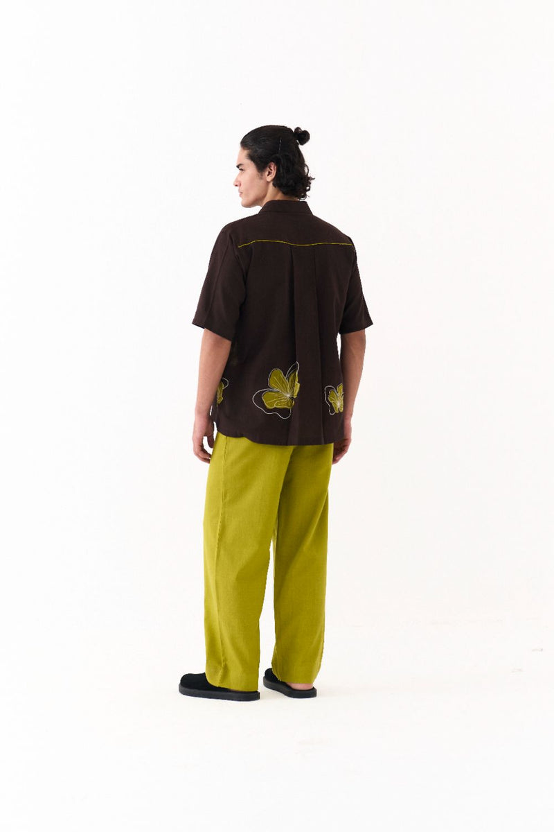 Floral Reverse Applique Shirt Co-Ord - Dark Brown poplin by Three Men in brown color for men in Singapore