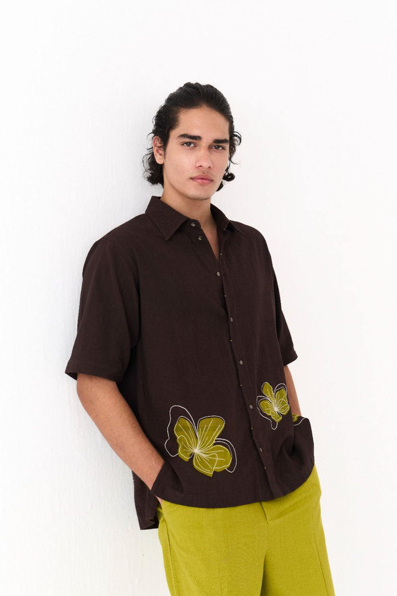 Floral Reverse Applique Shirt Co-Ord - Dark Brown poplin by Three Men in brown color for men in Singapore