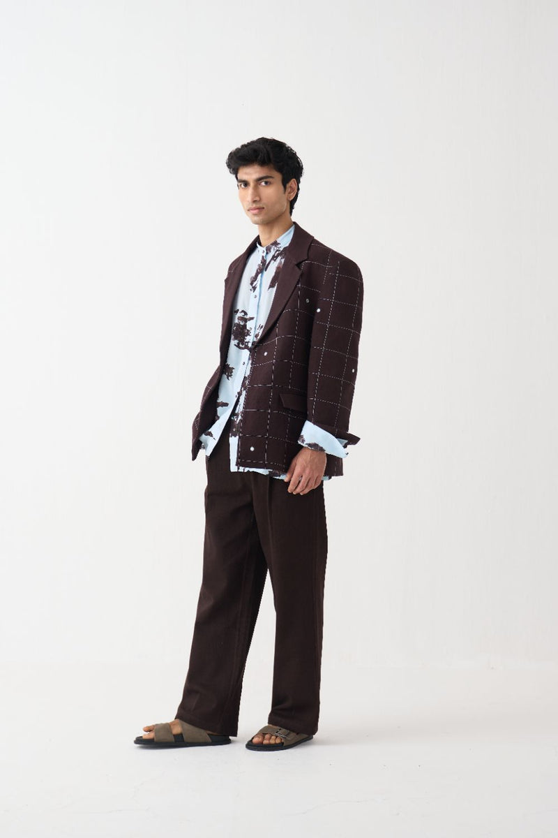 Mirror Emb. Blazer Co-Ord (Set Of 3) - Dark Brown cotton by Three Men in brown color for men in Singapore