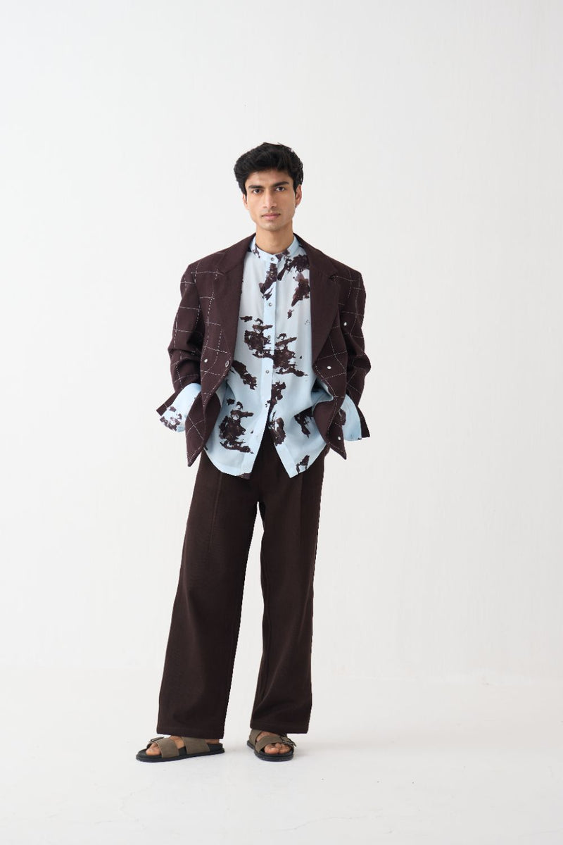 Mirror Emb. Blazer Co-Ord (Set Of 3) - Dark Brown cotton by Three Men in brown color for men in Singapore