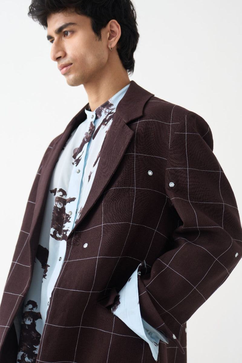 Mirror Emb. Blazer Co-Ord (Set Of 3) - Dark Brown cotton by Three Men in brown color for men in Singapore