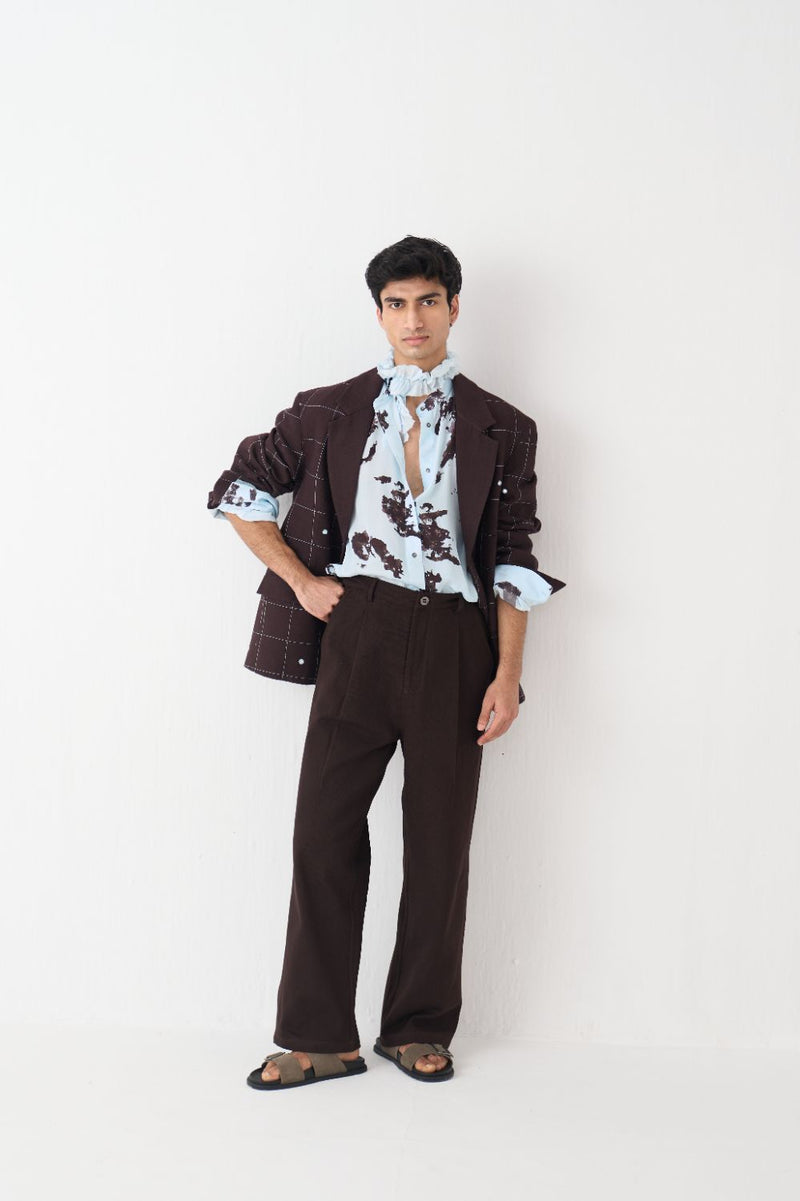 Mirror Emb. Blazer Co-Ord (Set Of 3) - Dark Brown cotton by Three Men in brown color for men in Singapore