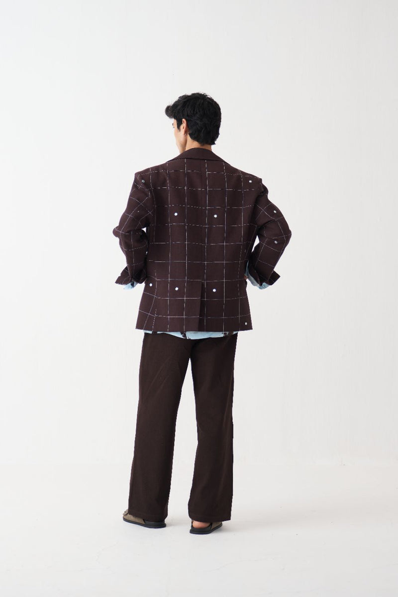 Mirror Emb. Blazer Co-Ord (Set Of 3) - Dark Brown cotton by Three Men in brown color for men in Singapore
