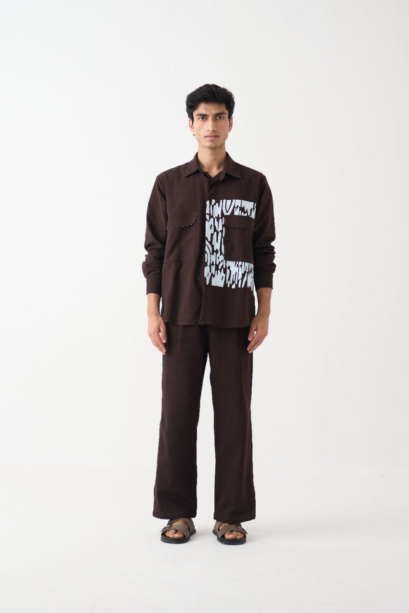 Emb. Patch Detail Shirt Co-Ord 
 - Dark Brown cotton by Three Men in brown color for men in Singapore