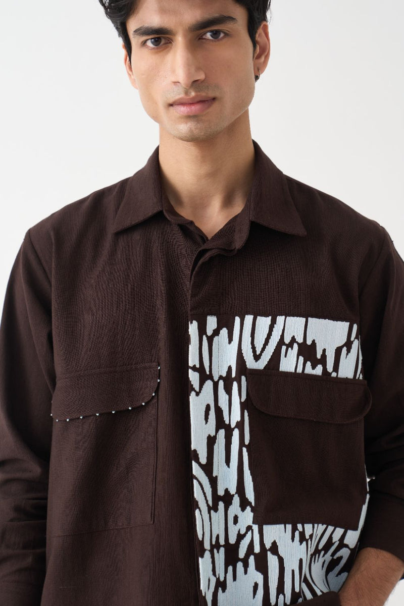 Emb. Patch Detail Shirt Co-Ord 
 - Dark Brown cotton by Three Men in brown color for men in Singapore