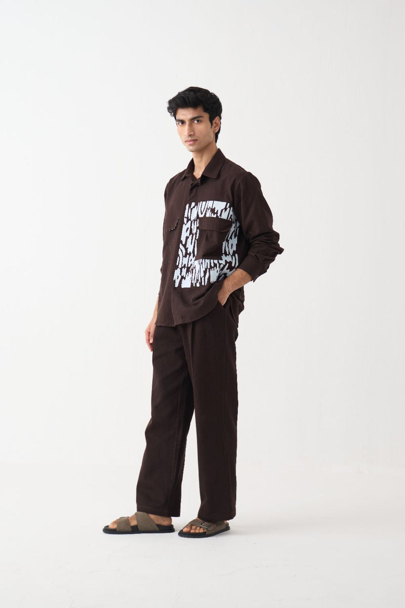 Emb. Patch Detail Shirt Co-Ord 
 - Dark Brown cotton by Three Men in brown color for men in Singapore