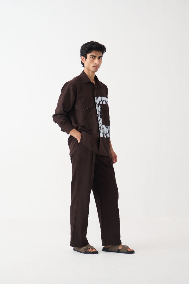 Emb. Patch Detail Shirt Co-Ord 
 - Dark Brown cotton by Three Men in brown color for men in Singapore