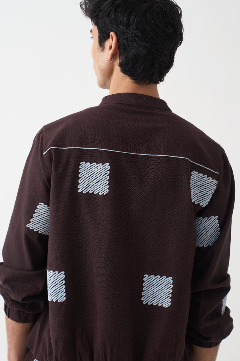 Emb. Bomber Jacket Co-Ord - Dark Brown cotton by Three Men in brown color for men in Singapore