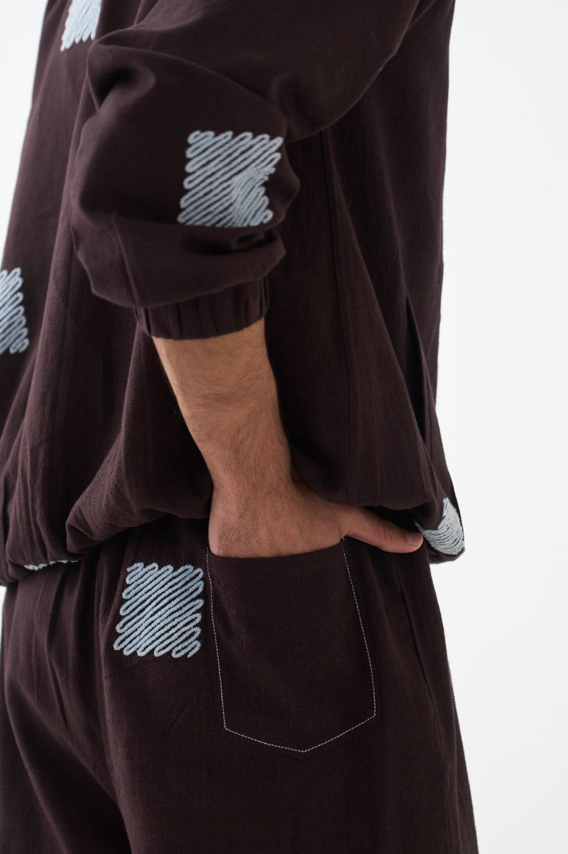 Emb. Bomber Jacket Co-Ord - Dark Brown cotton by Three Men in brown color for men in Singapore