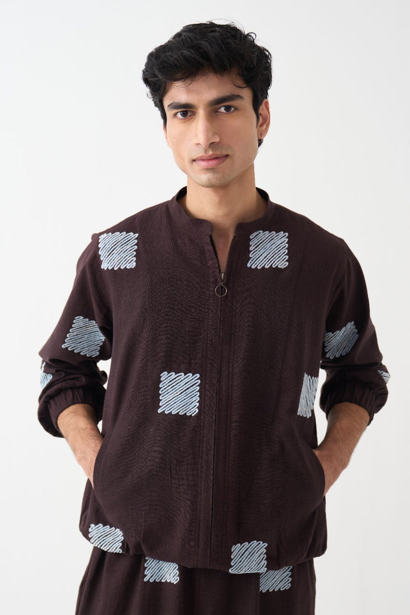 Emb. Bomber Jacket - Dark Brown cotton by Three Men in brown color for men in Singapore