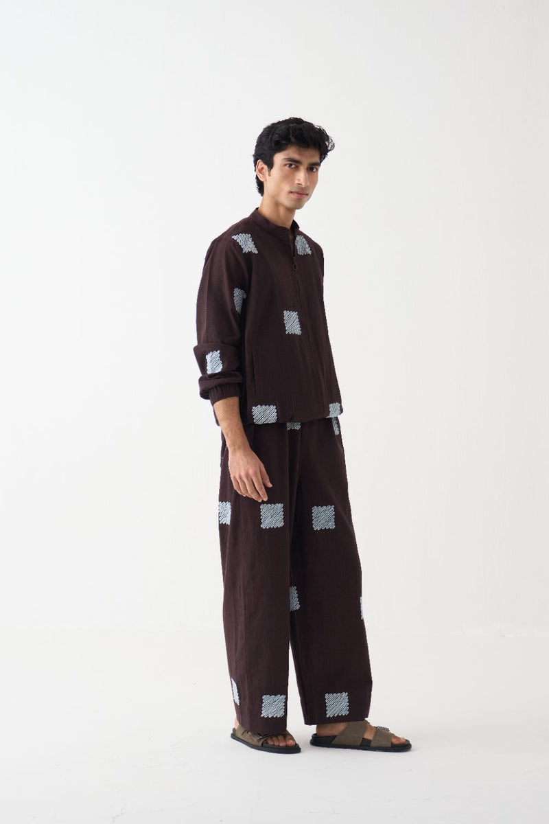 Emb. Bomber Jacket Co-Ord - Dark Brown cotton by Three Men in brown color for men in Singapore