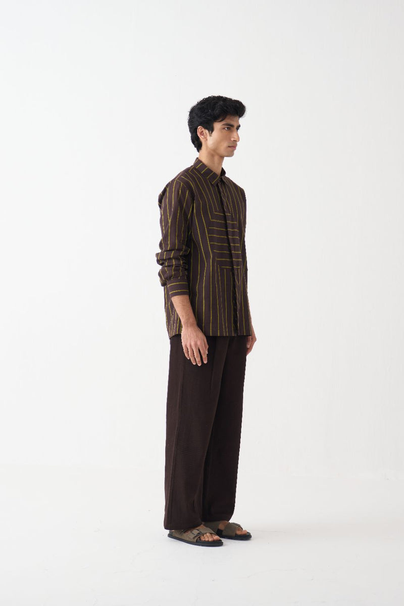 Circle Applique Patch Shirt Co-Ord - Dark Brown cotton by Three Men in brown color for men in Singapore