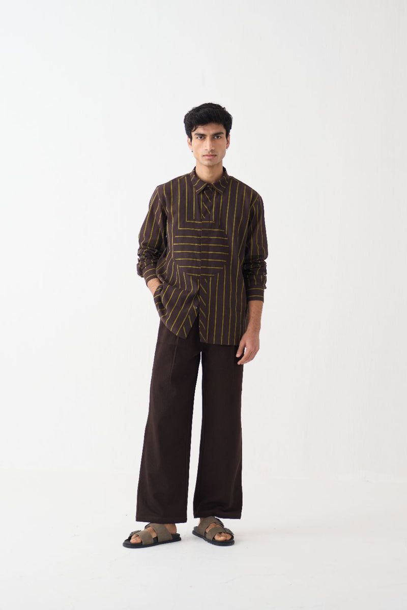 Circle Applique Patch Shirt Co-Ord - Dark Brown cotton by Three Men in brown color for men in Singapore