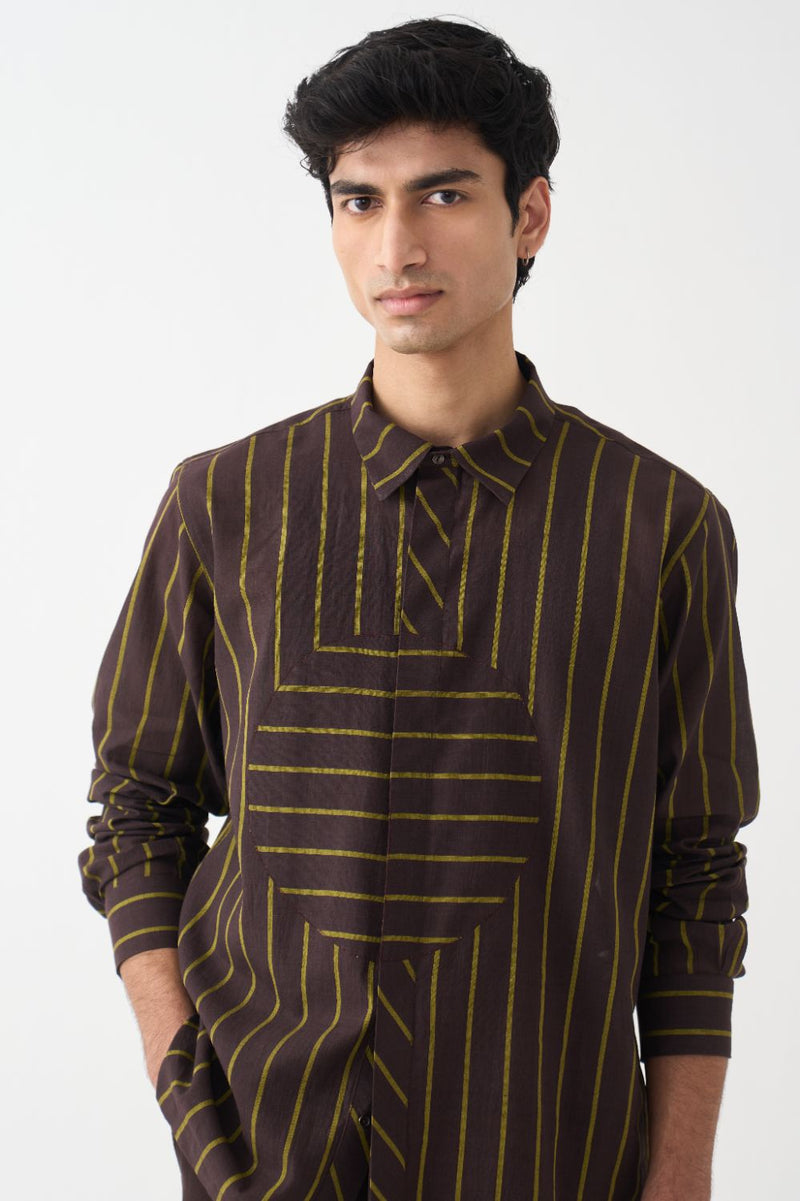 Circle Applique Patch Shirt Co-Ord - Dark Brown cotton by Three Men in brown color for men in Singapore