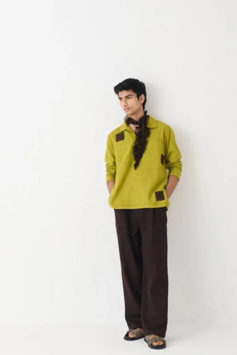 Emb. Patch Pocket Shirt Co-Ord - Dark Brown cotton by Three Men in brown color for men in Singapore