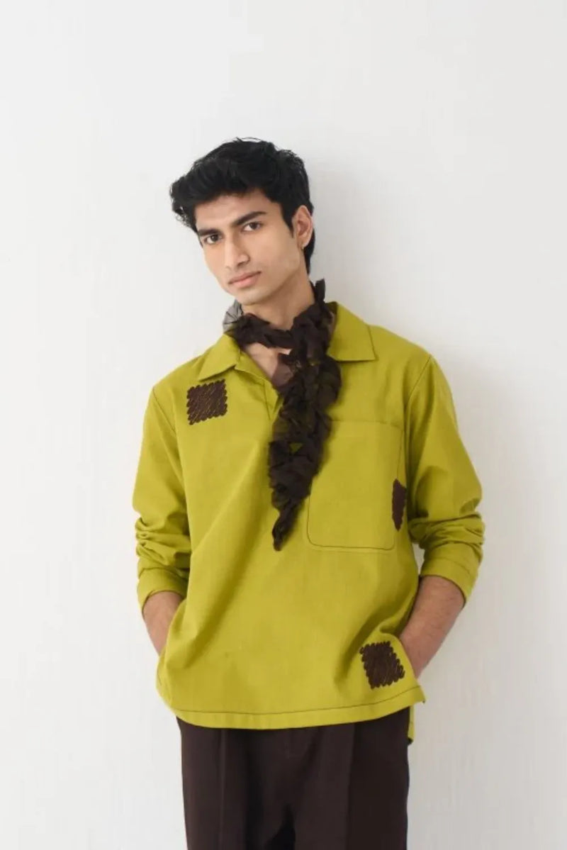 Emb. Patch Pocket Shirt Co-Ord - Dark Brown cotton by Three Men in brown color for men in Singapore