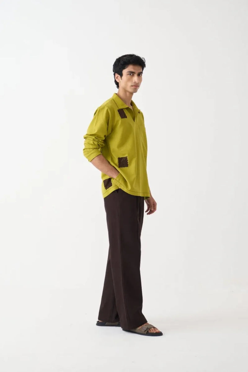 Emb. Patch Pocket Shirt Co-Ord - Dark Brown cotton by Three Men in brown color for men in Singapore