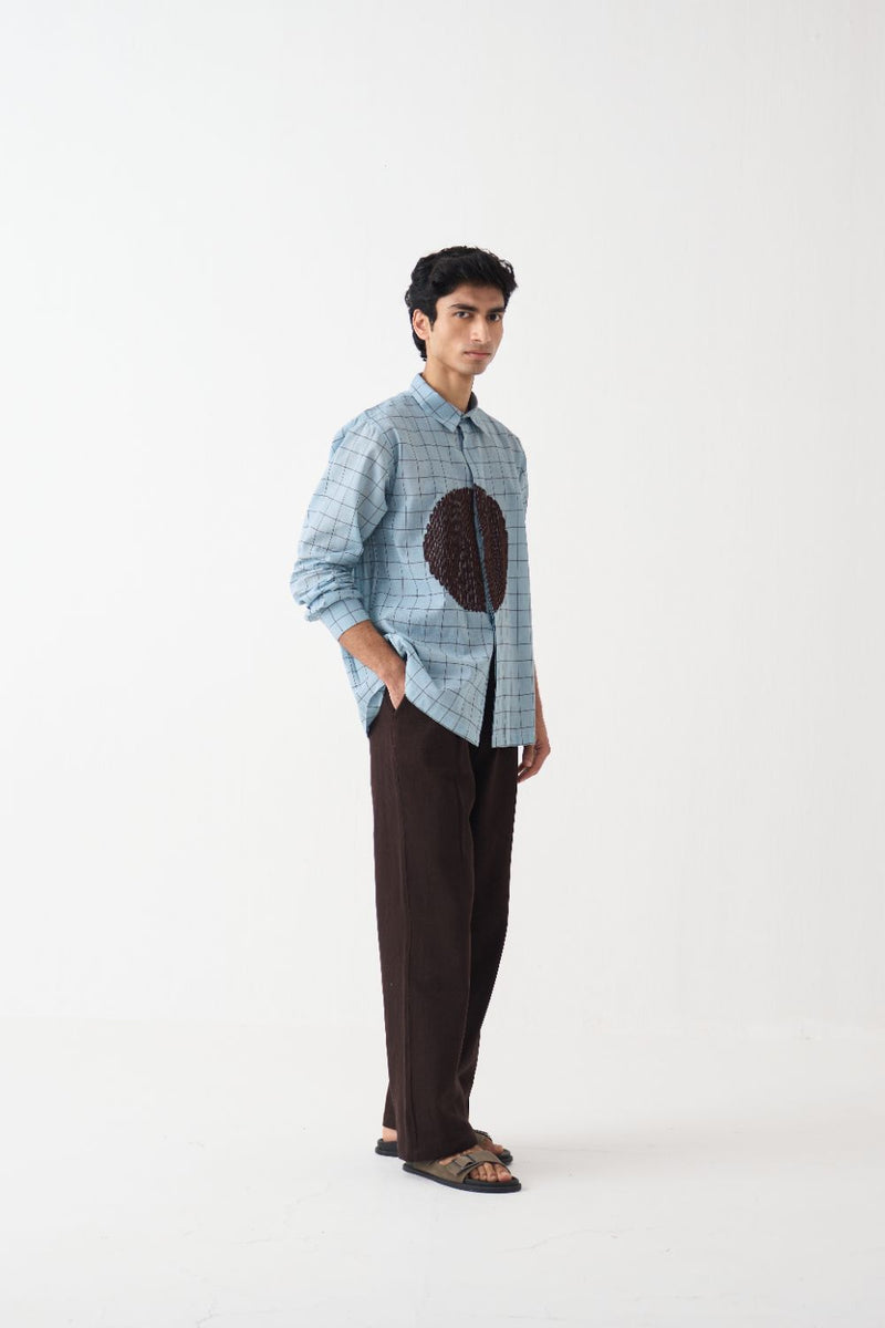 Circle Emb. Shirt Co-Ord - Dark Brown cotton by Three Men in brown color for men in Singapore