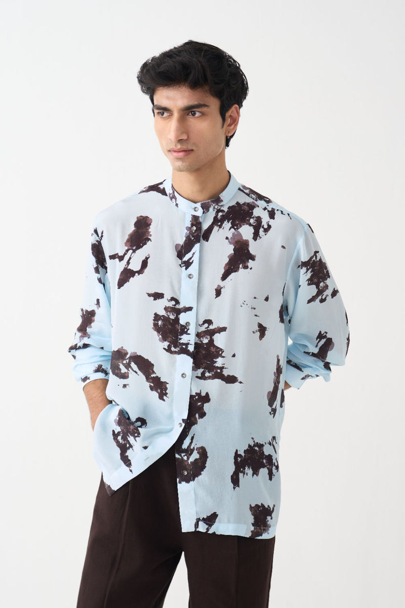 Band Collar Printed Shirt - Blue by Three Men in blue color for men in Singapore