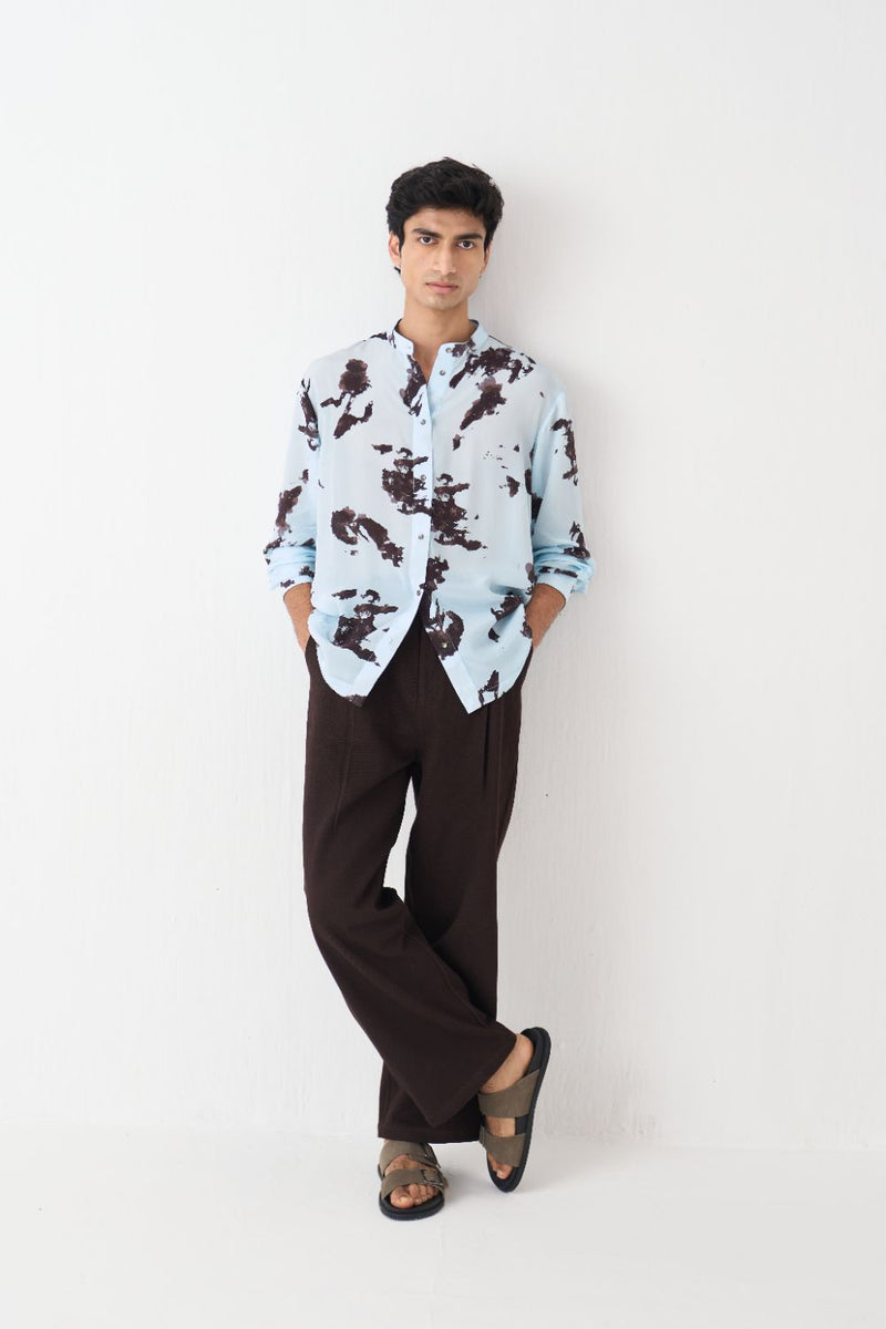 Band Collar Printed Shirt - Blue by Three Men in blue color for men in Singapore
