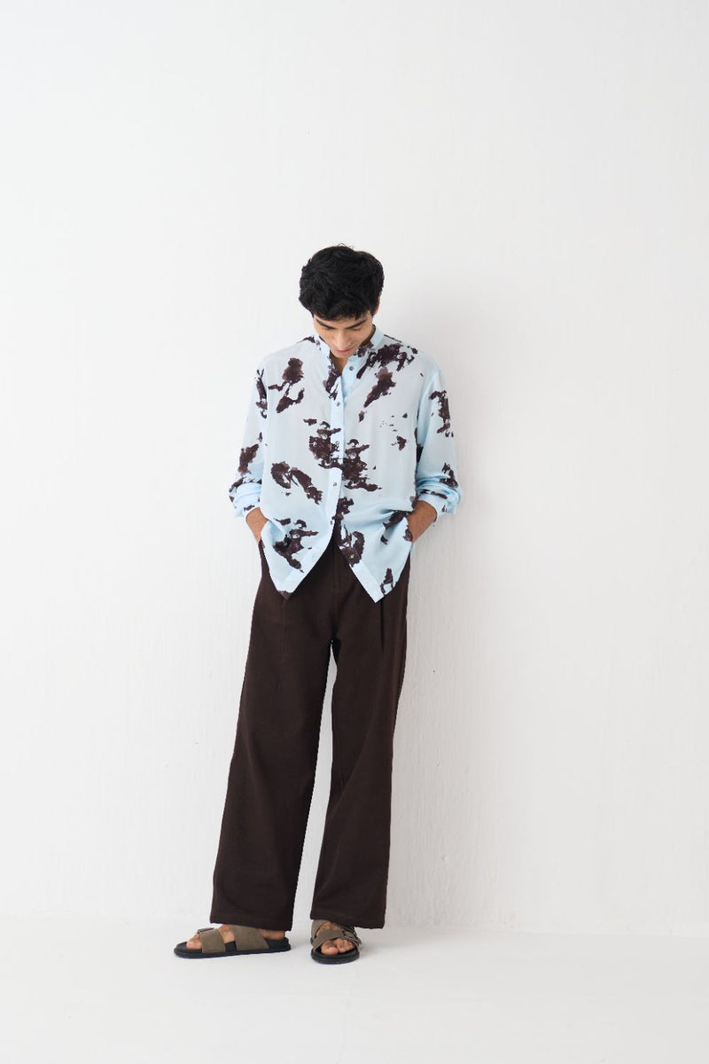 Band Collar Printed Shirt Co-Ord - Dark Brown by Three Men in brown color for men in Singapore
