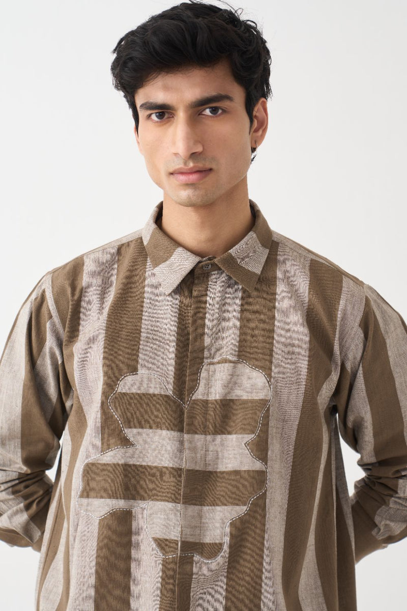 Stripe Floral Applique Shirt Co-Ord - Cedar cotton by Three Men for men in Singapore