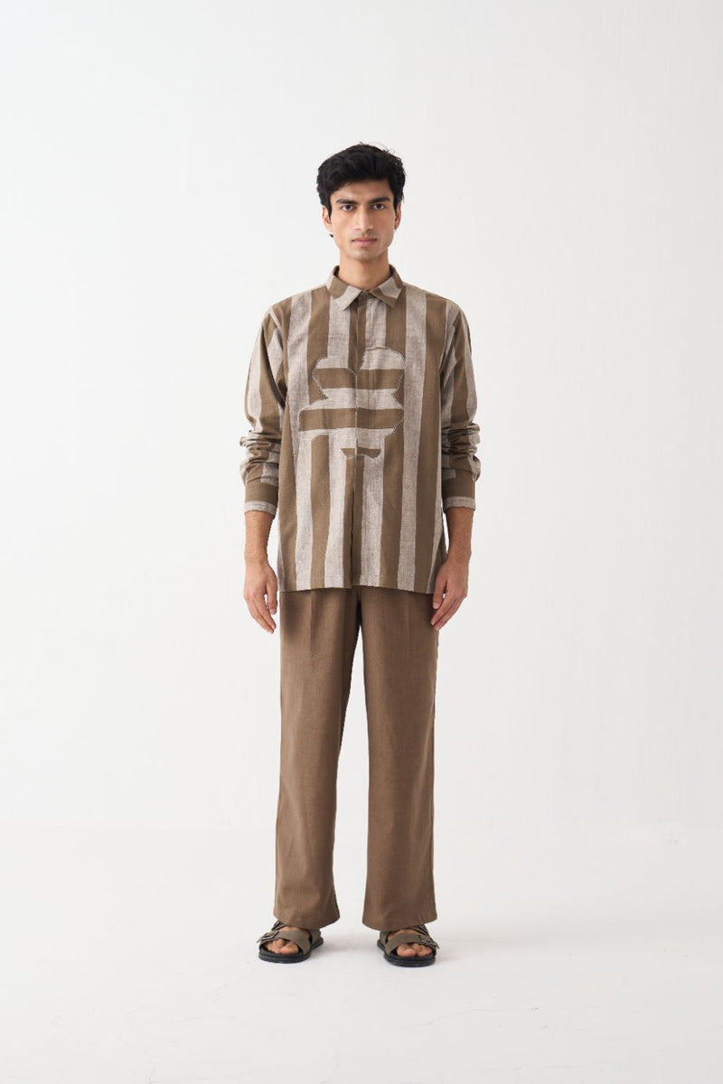 Stripe Floral Applique Shirt Co-Ord - Cedar cotton by Three Men for men in Singapore