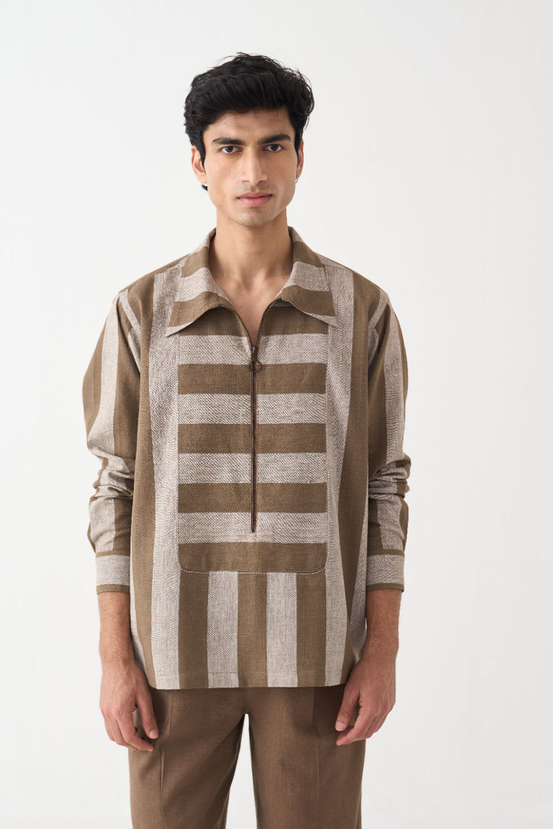 Yoke Zipper Shirt Co-Ord - Cedar cotton by Three Men for men in Singapore