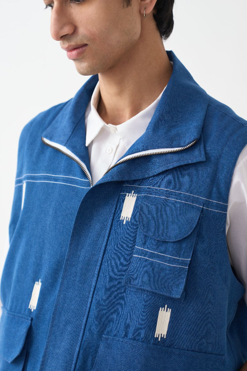 Sleeveless Utility Jacket Co-Ord (Set Of 3) - Blue by Three Men in blue color for men in Singapore