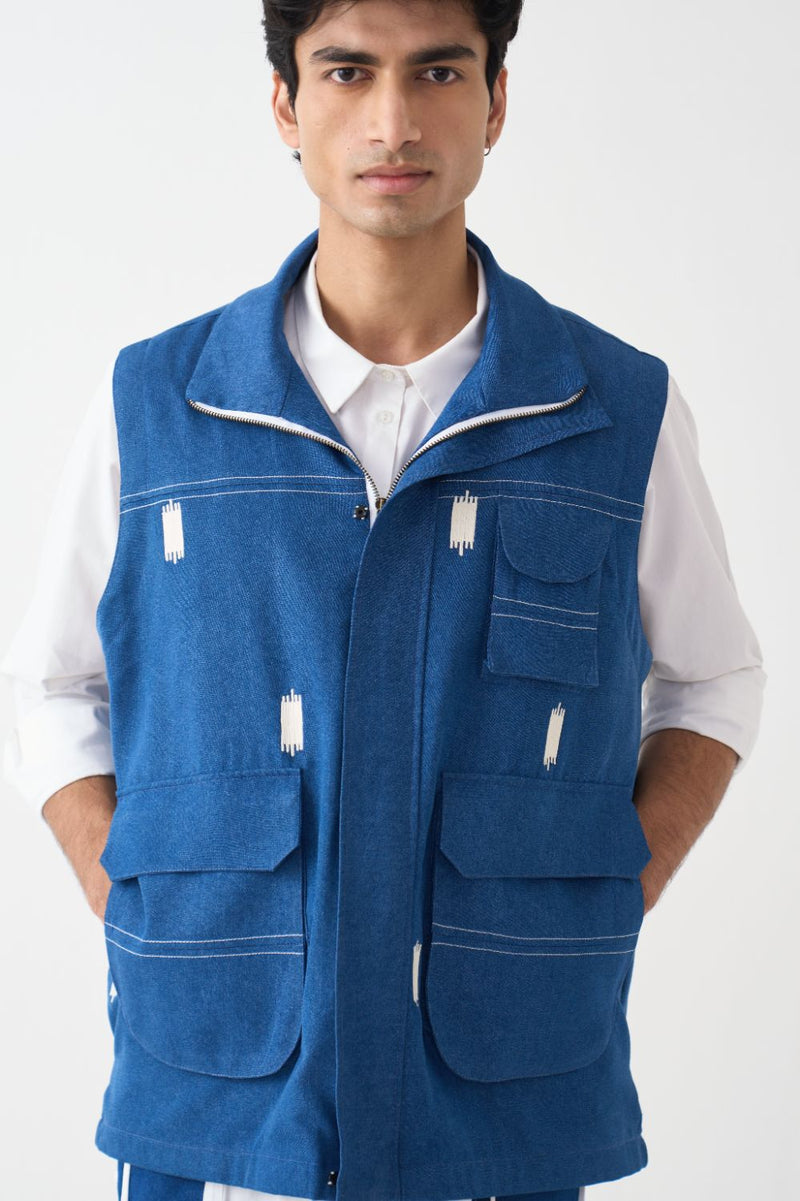 Sleeveless Utility Jacket Co-Ord (Set Of 3) - Blue by Three Men in blue color for men in Singapore