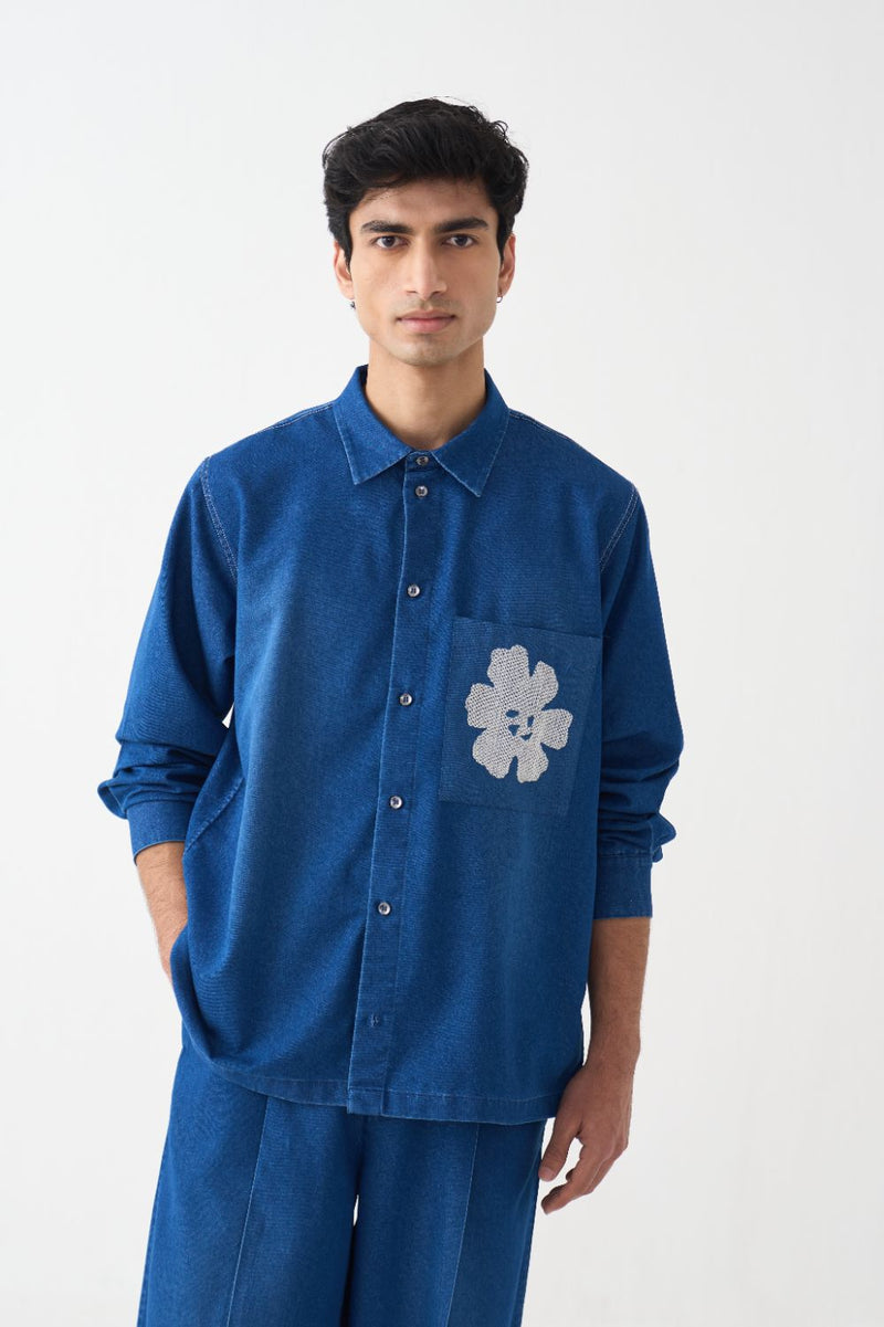 Emb. Patch Pocket Shirt Co-Ord - Blue by Three Men in blue color for men in Singapore