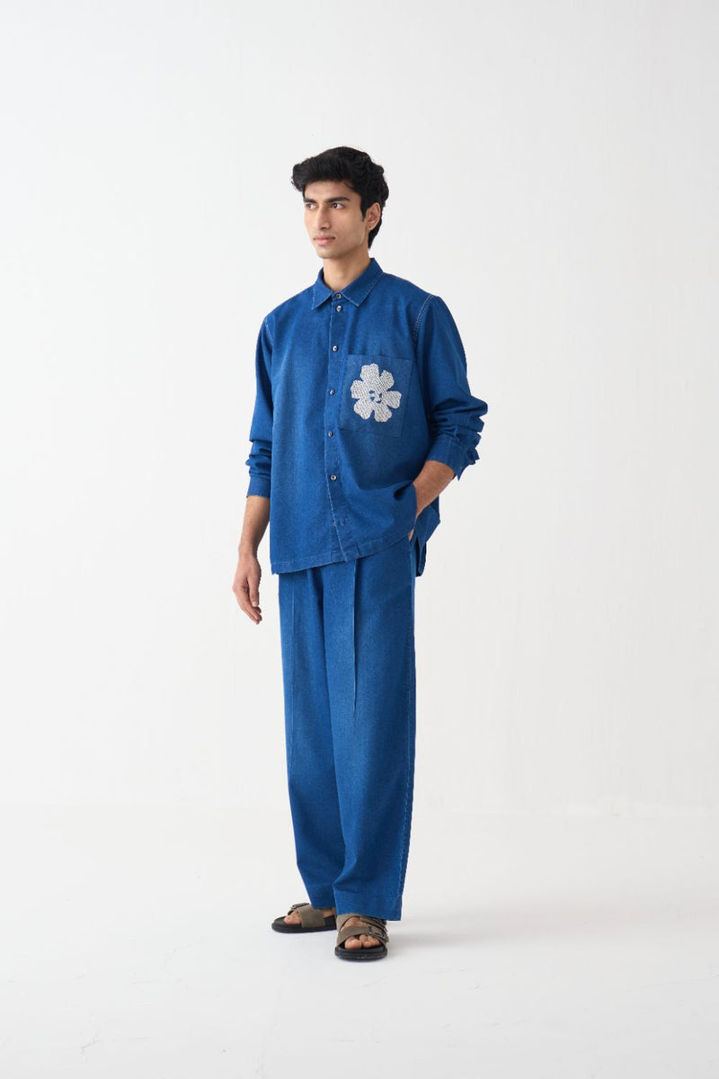 Emb. Patch Pocket Shirt Co-Ord - Blue by Three Men in blue color for men in Singapore