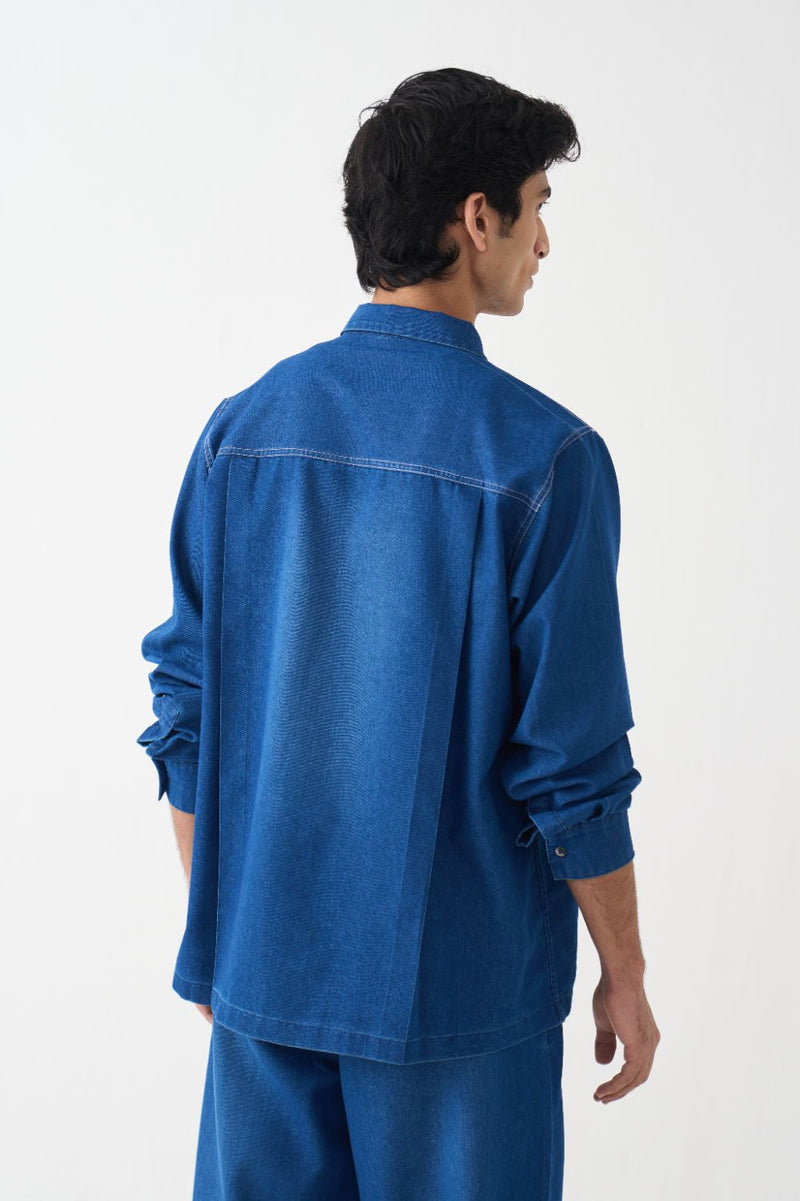 Emb. Patch Pocket Shirt Co-Ord - Blue by Three Men in blue color for men in Singapore