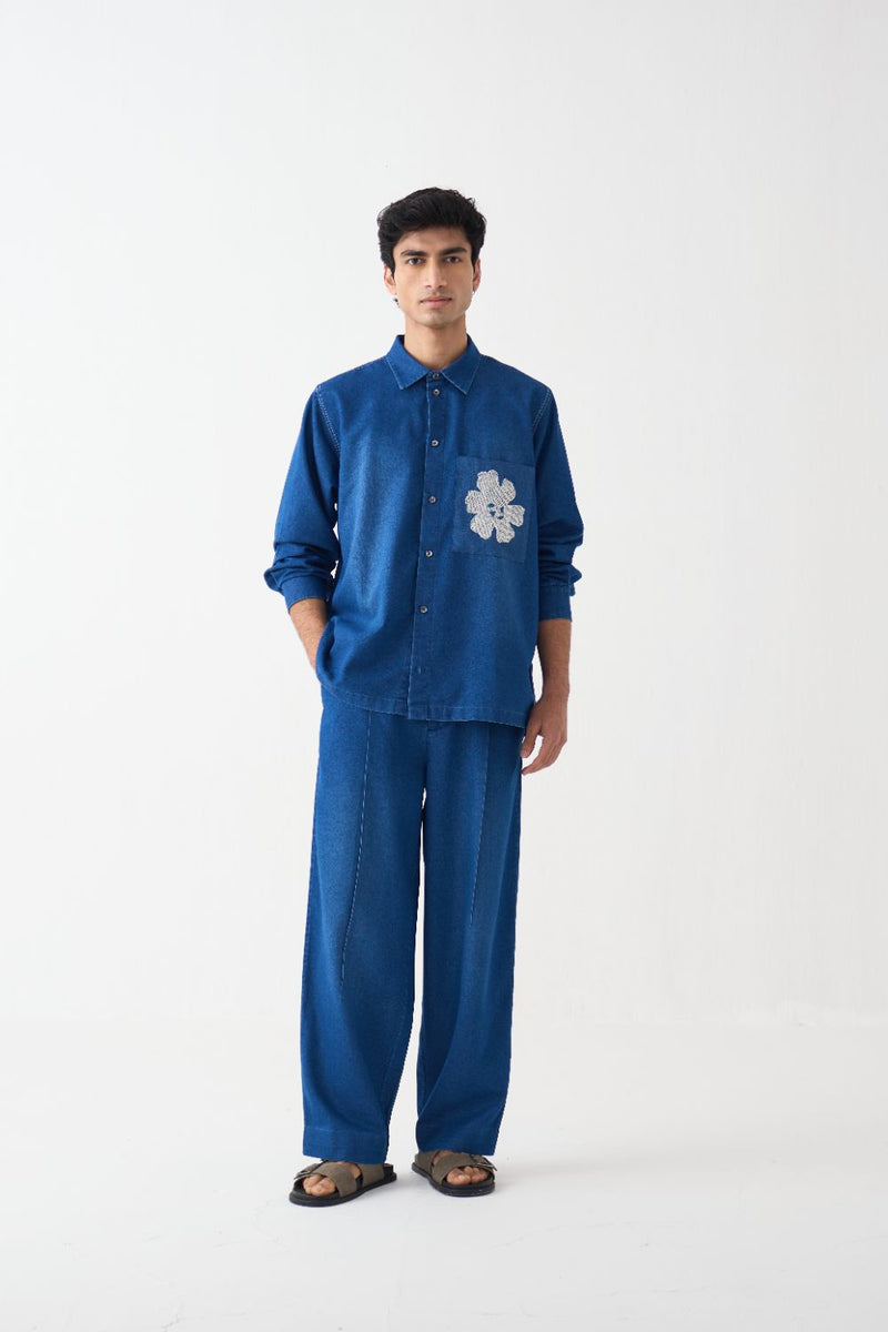 Emb. Patch Pocket Shirt Co-Ord - Blue by Three Men in blue color for men in Singapore