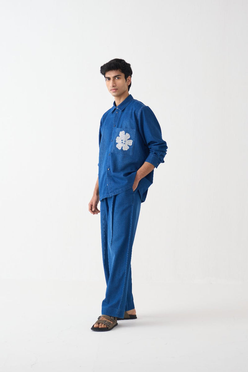 Emb. Patch Pocket Shirt Co-Ord - Blue by Three Men in blue color for men in Singapore