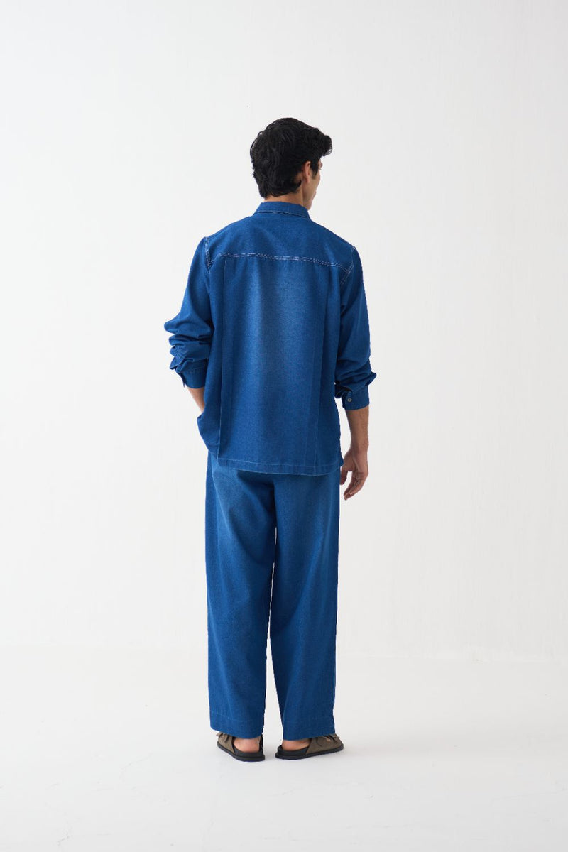 Emb. Patch Pocket Shirt Co-Ord - Blue by Three Men in blue color for men in Singapore