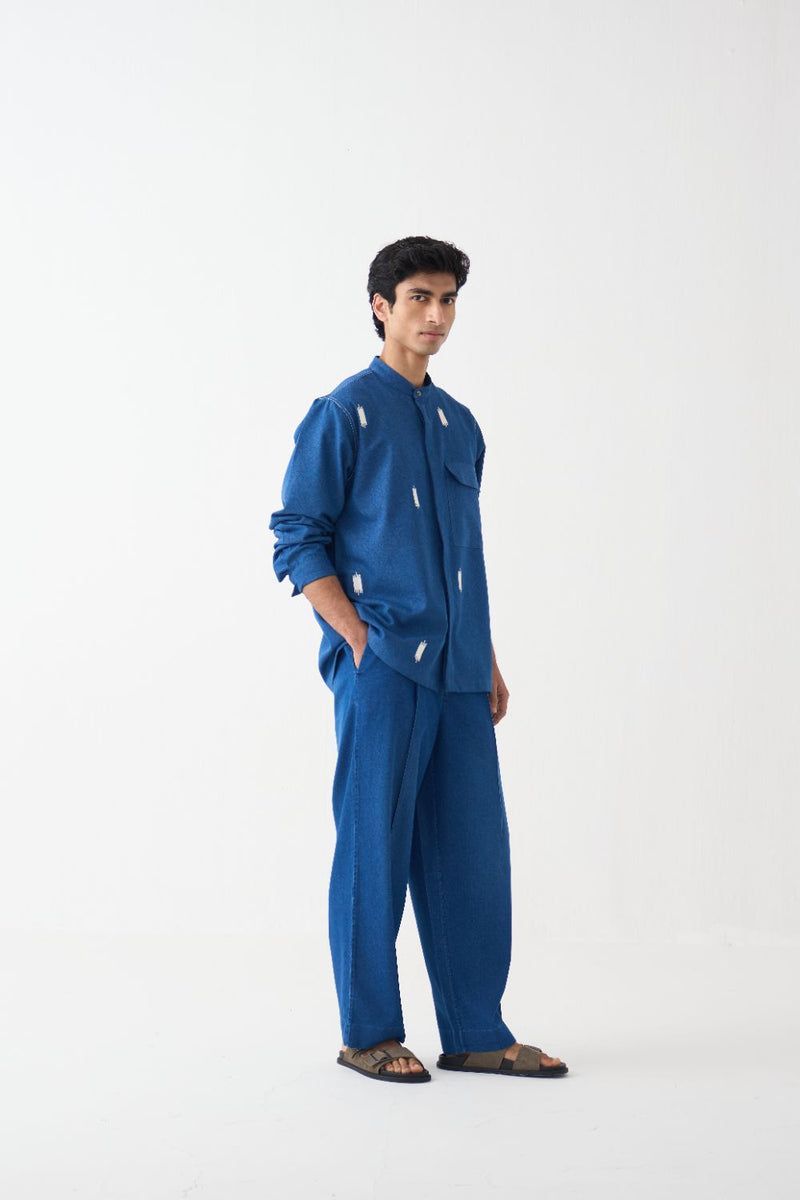 All Over Emb Shirt - Blue by Three Men in blue color for men in Singapore