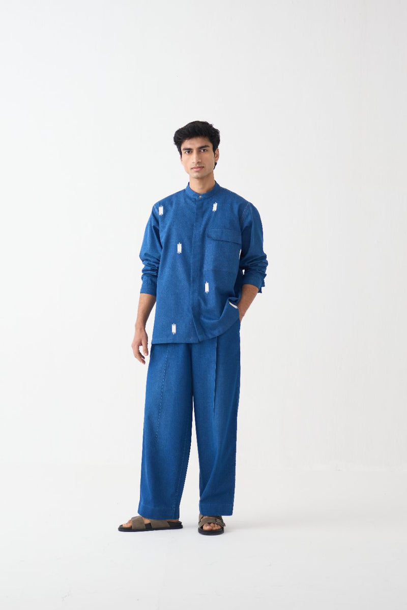 All Over Emb Shirt - Blue by Three Men in blue color for men in Singapore