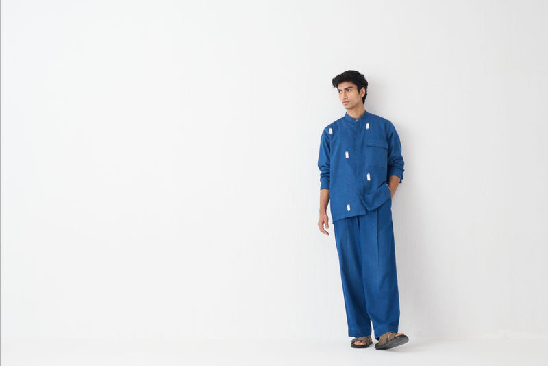 All Over Emb Shirt - Blue by Three Men in blue color for men in Singapore