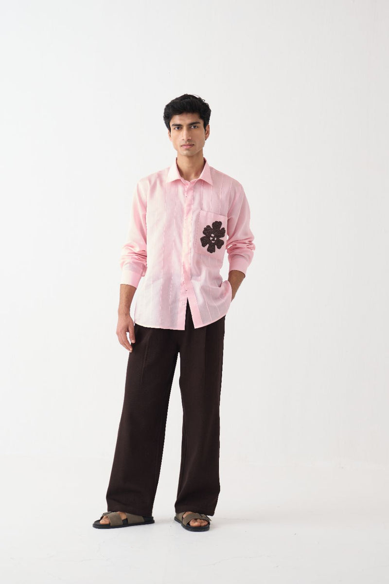 Pintuck Band Collar Shirt Co-Ord - Dark Brown chanderi by Three Men in brown color for men in Singapore