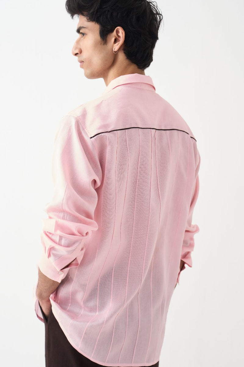 Pintuck Band Collar Shirt Co-Ord - Dark Brown chanderi by Three Men in brown color for men in Singapore