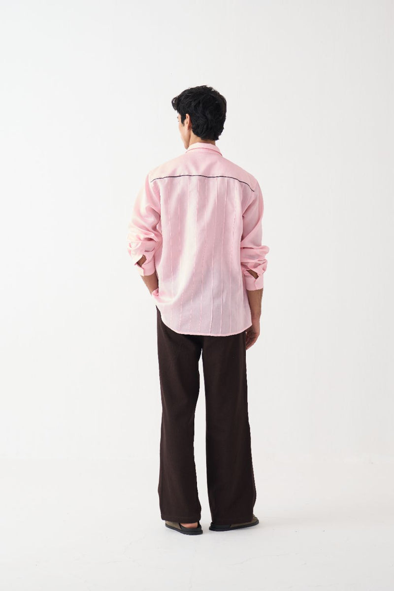Pintuck Band Collar Shirt Co-Ord - Dark Brown chanderi by Three Men in brown color for men in Singapore