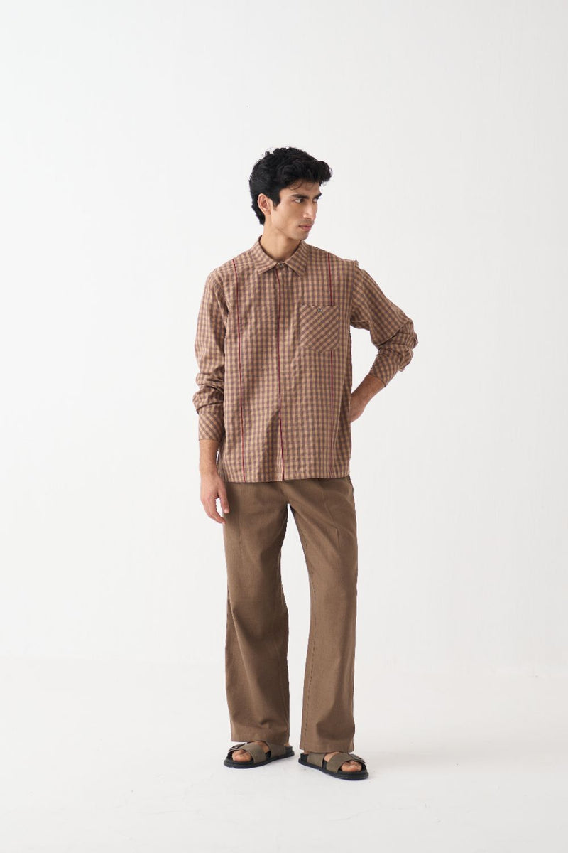 Piping Detail Shirt Co-Ord - Caramel cotton by Three Men for men in Singapore