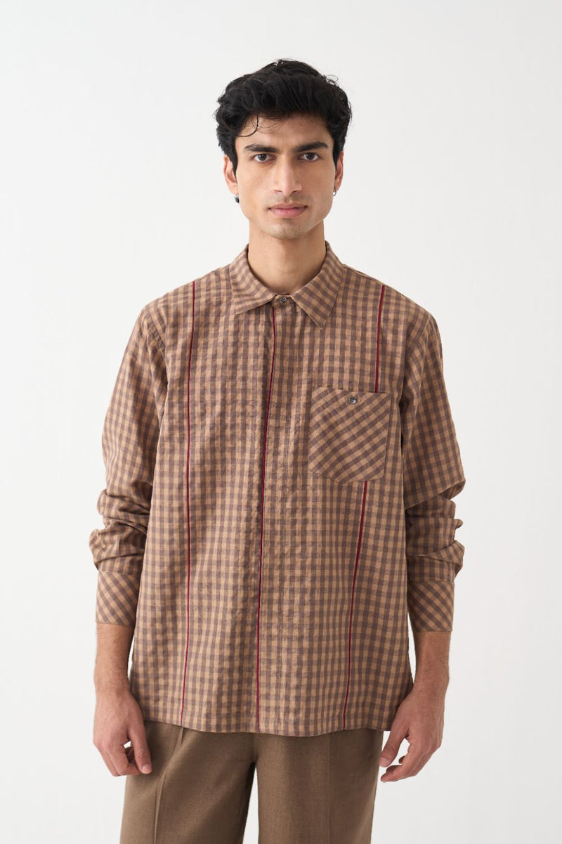 Piping Detail Shirt Co-Ord - Caramel cotton by Three Men for men in Singapore
