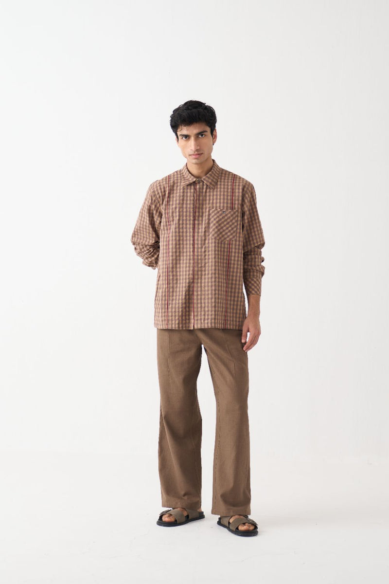 Piping Detail Shirt Co-Ord - Caramel cotton by Three Men for men in Singapore