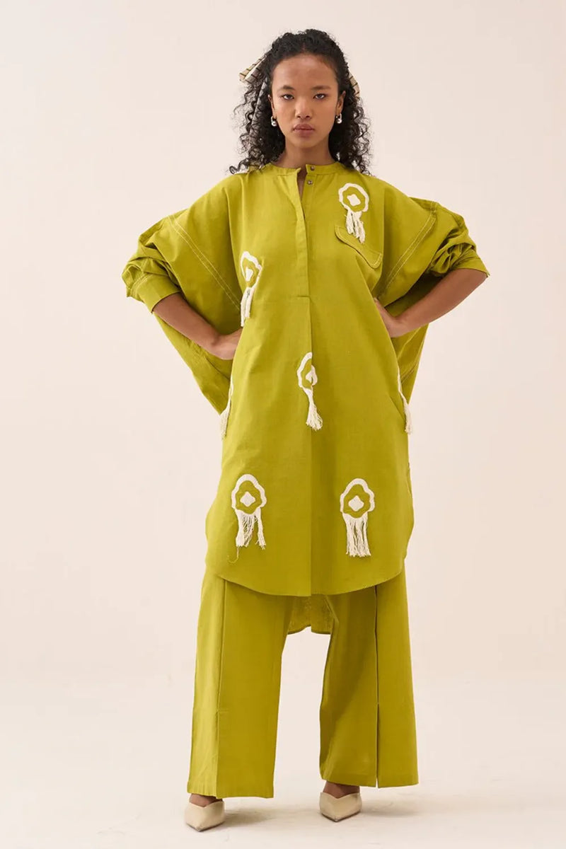 Fringe Bat Sleeve Shirt Co-Ord - Lime (Set Of 2) cotton by THREE for women in Singapore